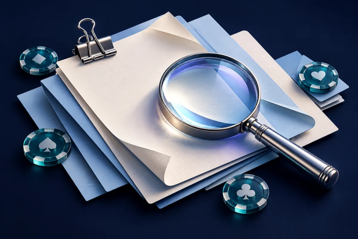 Dossier de papiers clairs, loupe et jetons turquoise sur fond bleu nuit